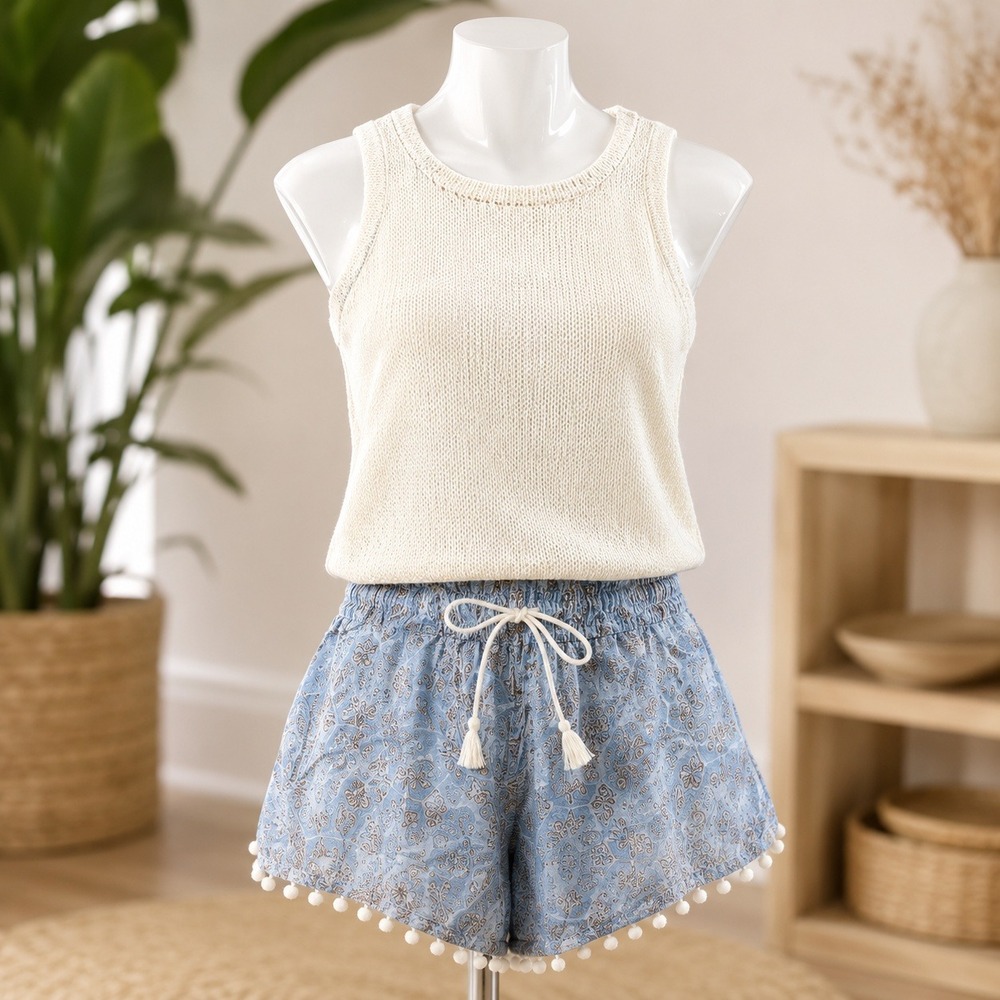 NWT Cupshe Knit Tank and Pom Pom Shorts Set Womens Small Blue Cream Boho Snag
